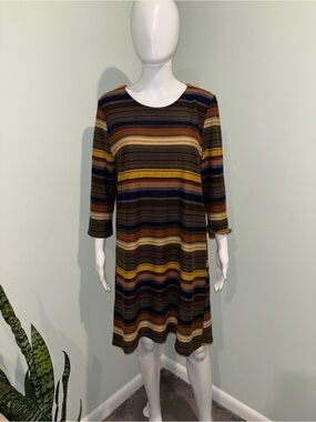 Tacera Knee Length Striped Shift Dress with 3/4 Sleeves in Fall Colors - PXL